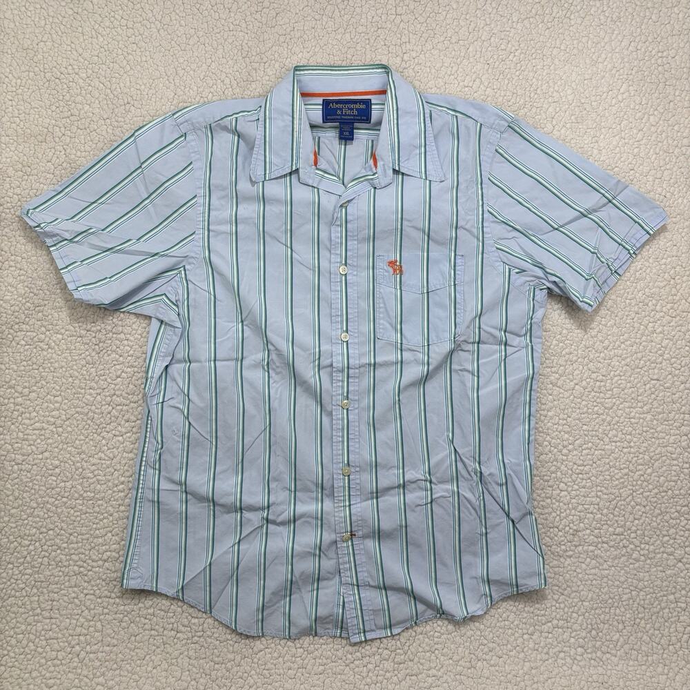 VTG Y2K Abercrombie & Fitch Cotton Button Up Shirt Blue Striped Mens XXL‎ Moose